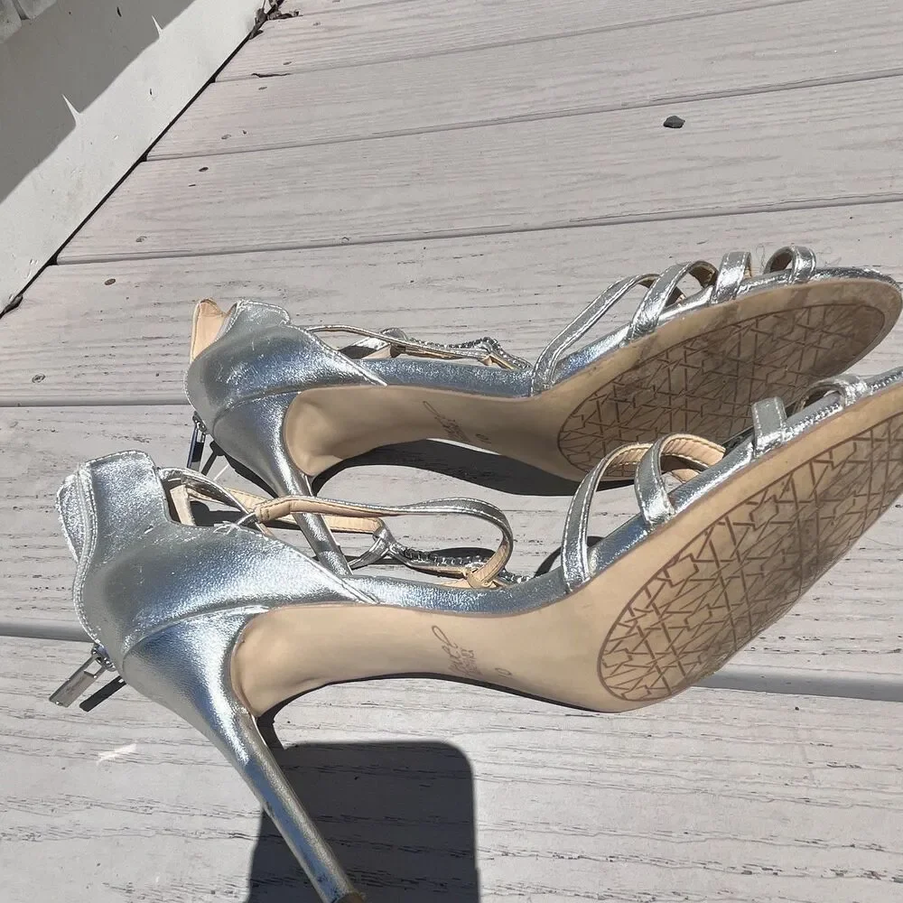 Jewel Badgley Mischka Silver Strappy Crystal Open Toe Stiletto Zip Heel US 10